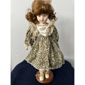 Vintage‎ 15 inch porcelain doll brown hair floral dress with stand no Box as is